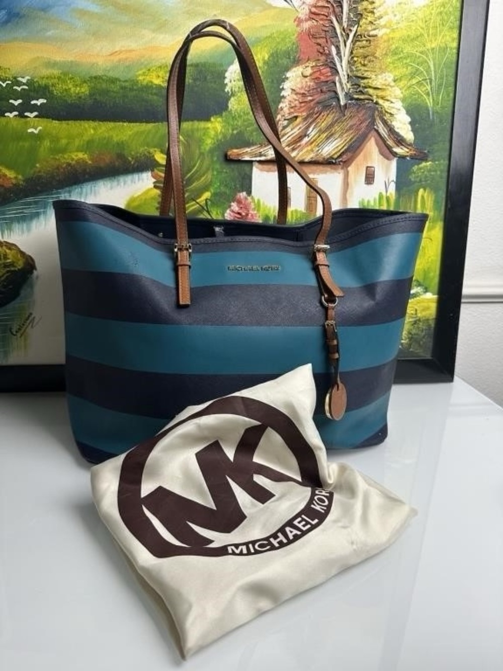 Michael Kors Teal & Navy Striped Leather-Trim Tote